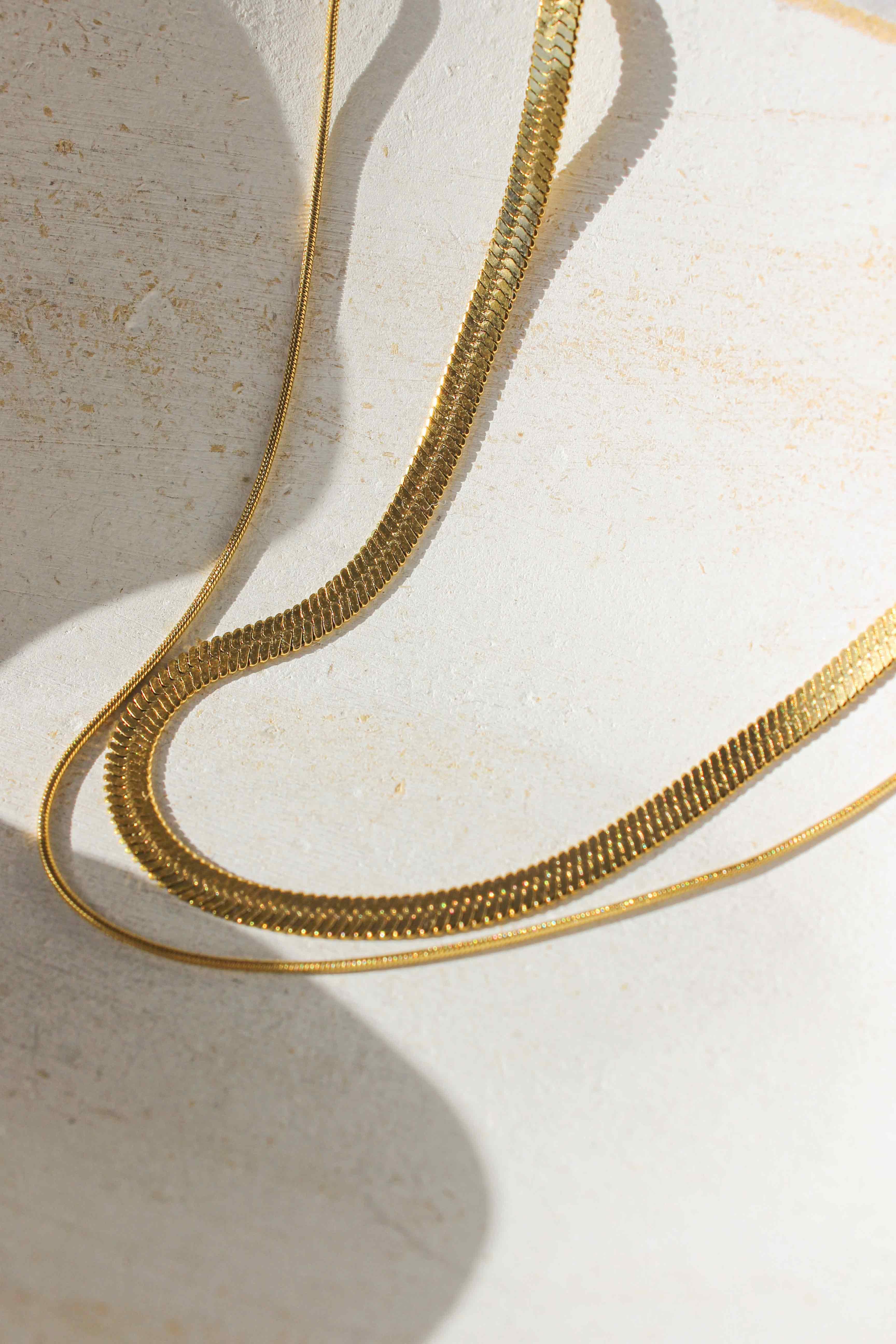Triple Layered Snake and Herringbone Chain Necklace